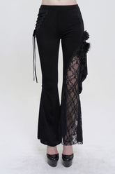 Black Velvet Single Side Stitching Rose Net Side Rope Decoration Asymmetric Pattern Flare Women's Gothic Pants